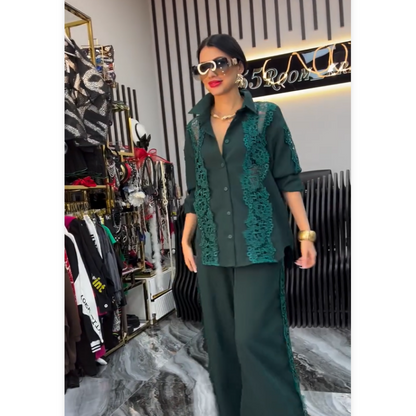🌸Spring Specials🌸 Chic Lace Patchwork Shirt & Wide-Leg Pants (2-PCS Set)