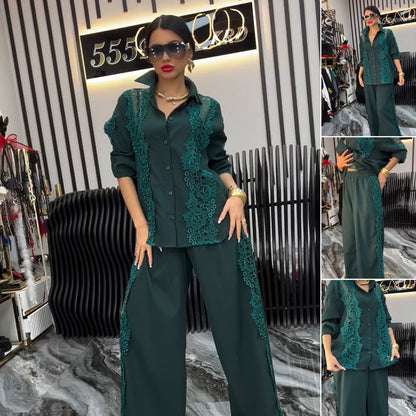 🌸Spring Specials🌸 Chic Lace Patchwork Shirt & Wide-Leg Pants (2-PCS Set)