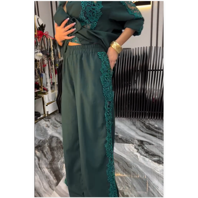 🌸Spring Specials🌸 Chic Lace Patchwork Shirt & Wide-Leg Pants (2-PCS Set)