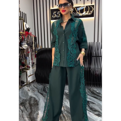 🌸Spring Specials🌸 Chic Lace Patchwork Shirt & Wide-Leg Pants (2-PCS Set)