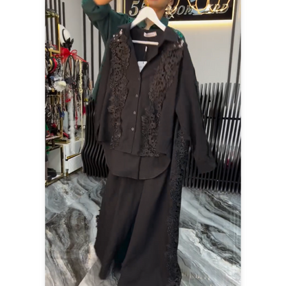 🌸Spring Specials🌸 Chic Lace Patchwork Shirt & Wide-Leg Pants (2-PCS Set)