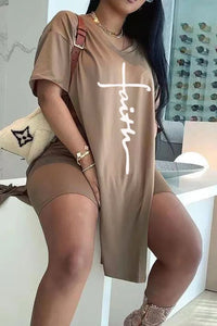 🌸Spring Specials🌸 Letter Print Split Side V Neck T-Shirt & Shorts (2 Piece Set)