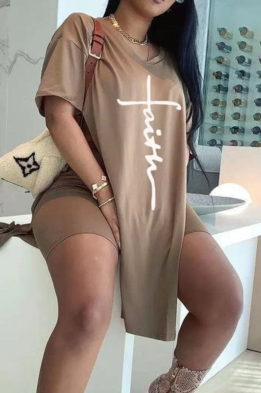 🌸Spring Specials🌸 Letter Print Split Side V Neck T-Shirt & Shorts (2 Piece Set)