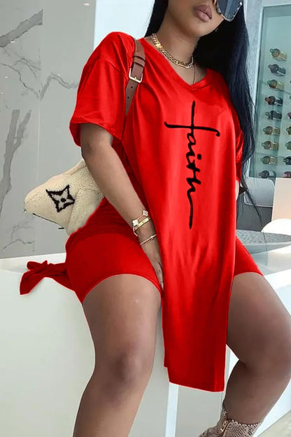 🌸Spring Specials🌸 Letter Print Split Side V Neck T-Shirt & Shorts (2 Piece Set)