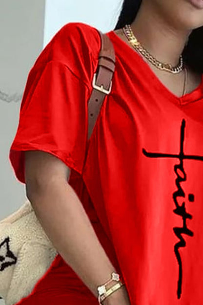 🌸Spring Specials🌸 Letter Print Split Side V Neck T-Shirt & Shorts (2 Piece Set)