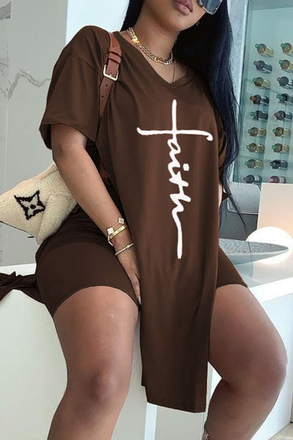 🌸Spring Specials🌸 Letter Print Split Side V Neck T-Shirt & Shorts (2 Piece Set)