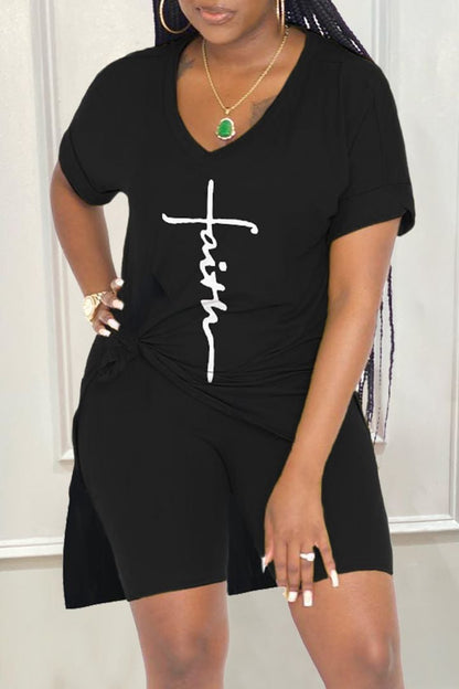 🌸Spring Specials🌸 Letter Print Split Side V Neck T-Shirt & Shorts (2 Piece Set)
