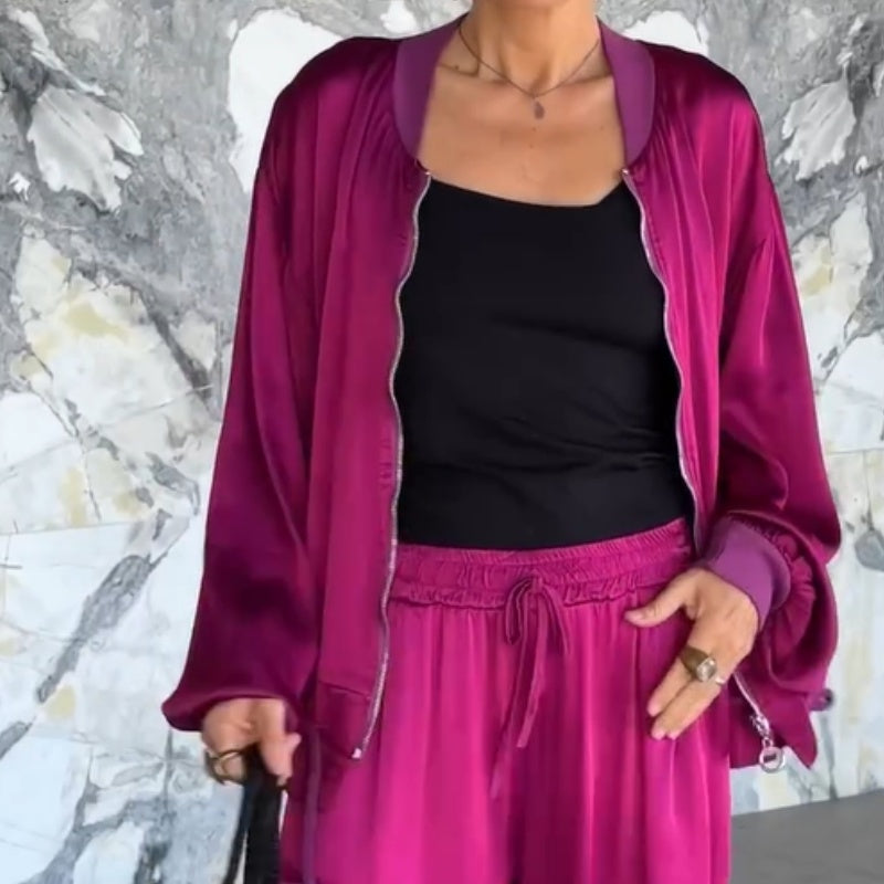 🌸Spring Specials🌸 Women's Round Neck Satin Zipper Casual (2-Piece Suit)