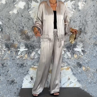🌸Spring Specials🌸 Women's Round Neck Satin Zipper Casual (2-Piece Suit)