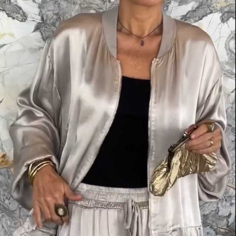 🌸Spring Specials🌸 Women's Round Neck Satin Zipper Casual (2-Piece Suit)