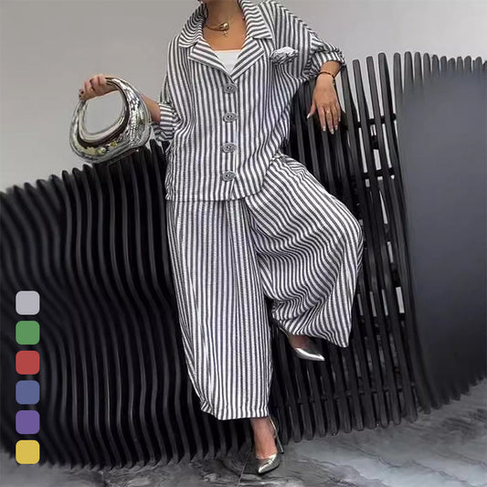 🌸Spring Specials💐 Striped Lapel Jacket Wide Leg Pants 2-Piece Set