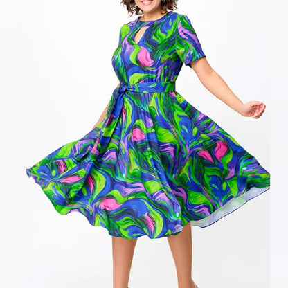 🌸Spring Specials💐 Women's Short Sleeve Waisted Printed Midi Dress