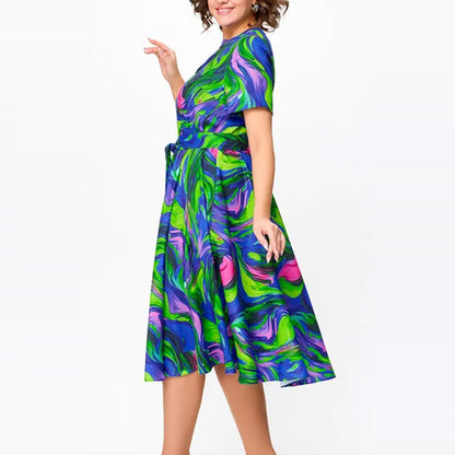 🌸Spring Specials💐 Women's Short Sleeve Waisted Printed Midi Dress