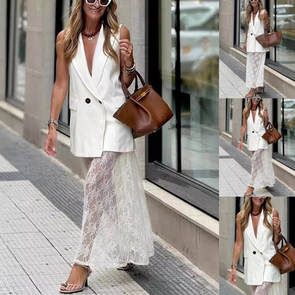 🌸Spring Specials💐 Sleeveless Blazer Vest & Lace Skirt (2-Piece Set)