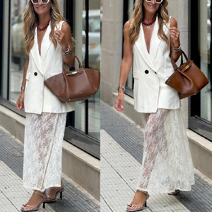 🌸Spring Specials💐 Sleeveless Blazer Vest & Lace Skirt (2-Piece Set)