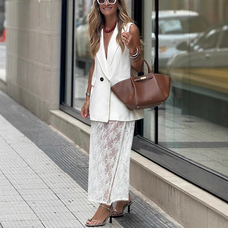 🌸Spring Specials💐 Sleeveless Blazer Vest & Lace Skirt (2-Piece Set)