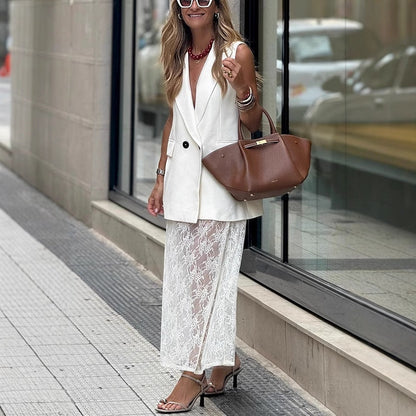 🌸Spring Specials💐 Sleeveless Blazer Vest & Lace Skirt (2-Piece Set)