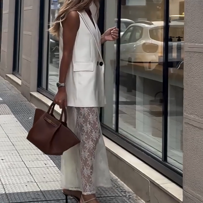 🌸Spring Specials💐 Sleeveless Blazer Vest & Lace Skirt (2-Piece Set)