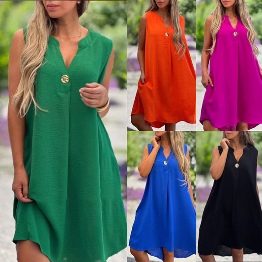 🌸Spring Specials💐 Solid Color Sleeveless V-Neck Dress with Button Decoration