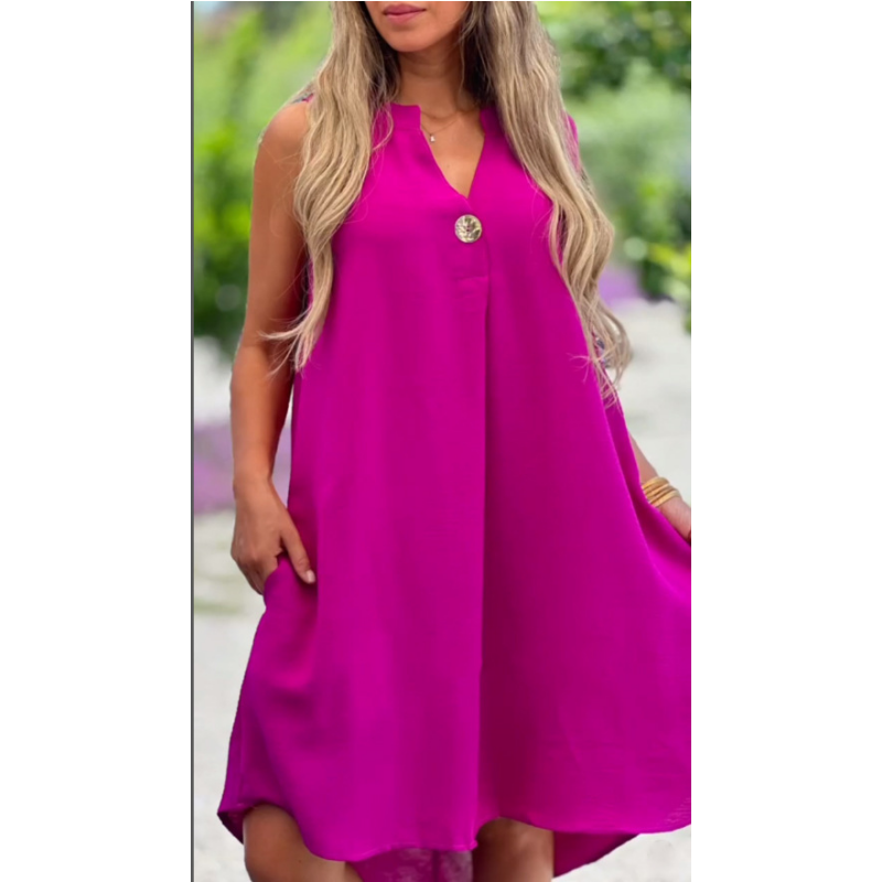 🌸Spring Specials💐 Solid Color Sleeveless V-Neck Dress with Button Decoration