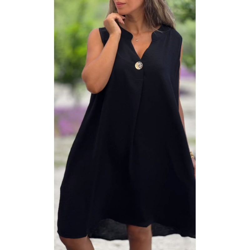 🌸Spring Specials💐 Solid Color Sleeveless V-Neck Dress with Button Decoration