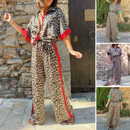 🌸Spring Specials💐 Women's 2-Piece Leopard Print Outfit Button-Down Shirt & Wide-Leg Pants
