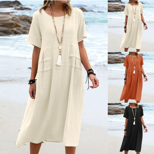 🌸Spring Specials💐 Women's Round Neck Cotton Linen Midi Dress