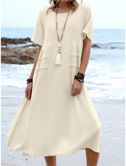 🌸Spring Specials💐 Women's Round Neck Cotton Linen Midi Dress