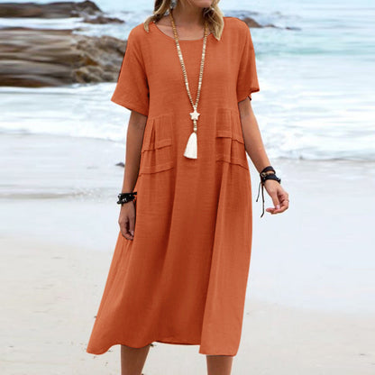 🌸Spring Specials💐 Women's Round Neck Cotton Linen Midi Dress