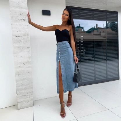 🌸Spring Specials💐 Stylish Button Closure Split Denim Bodycon Skirt