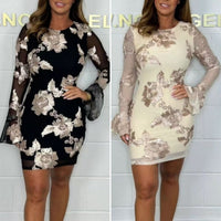 🌸Spring Specials💐 Women's Elegant Floral Embroidered Bell Sleeves Bodycon Dress