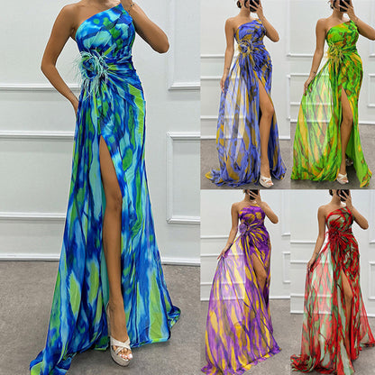 🌸Spring Specials💐 Women's Vibrant One-Shoulder High-Slit Maxi Dress