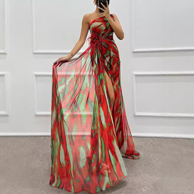 🌸Spring Specials💐 Women's Vibrant One-Shoulder High-Slit Maxi Dress