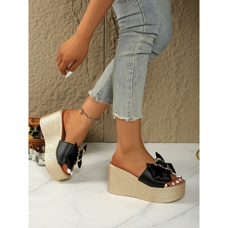 ⏳Time-limited Special⌛Bowknot PU Leather Wedge Slippers