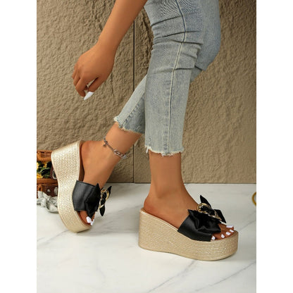 ⏳Time-limited Special⌛Bowknot PU Leather Wedge Slippers
