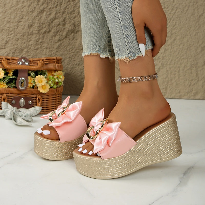 ⏳Time-limited Special⌛Bowknot PU Leather Wedge Slippers