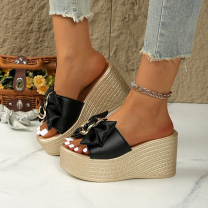 ⏳Time-limited Special⌛Bowknot PU Leather Wedge Slippers