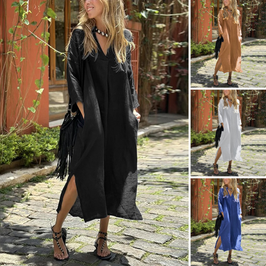 ⏳Time-limited Special⌛Women's Casual V-Neck Long Dress with Pockets & Slit Hem