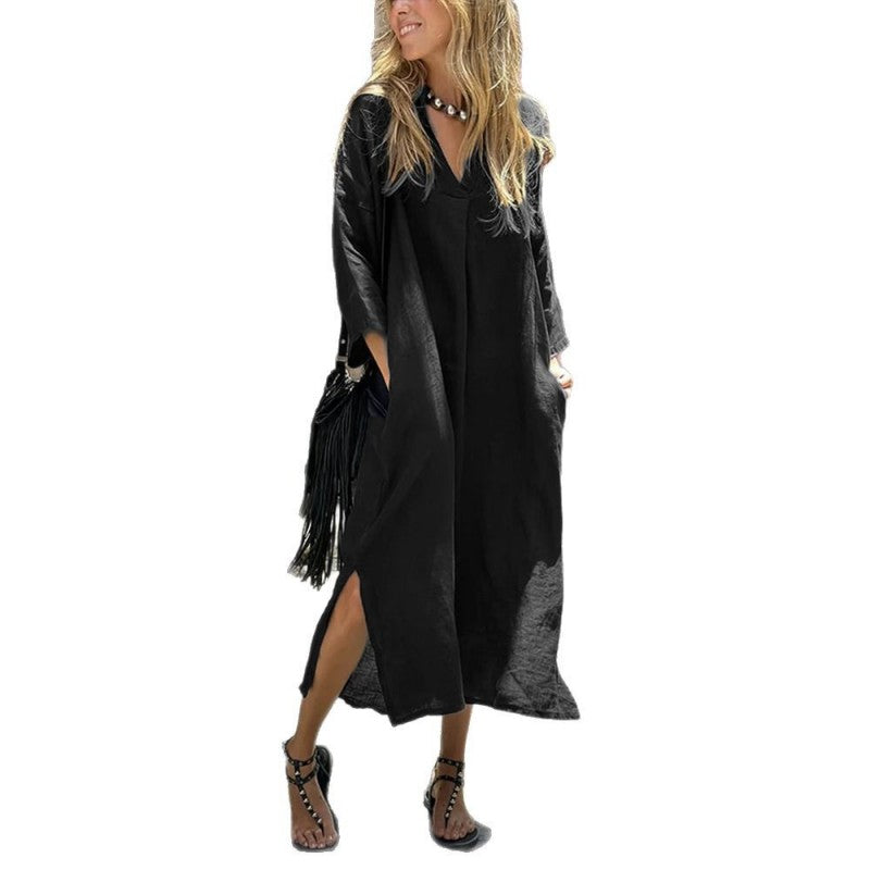 ⏳Time-limited Special⌛Women's Casual V-Neck Long Dress with Pockets & Slit Hem