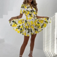 🍋New Summer Mood💛Women's Printed Lapel V-Neck Long Dress with Belt