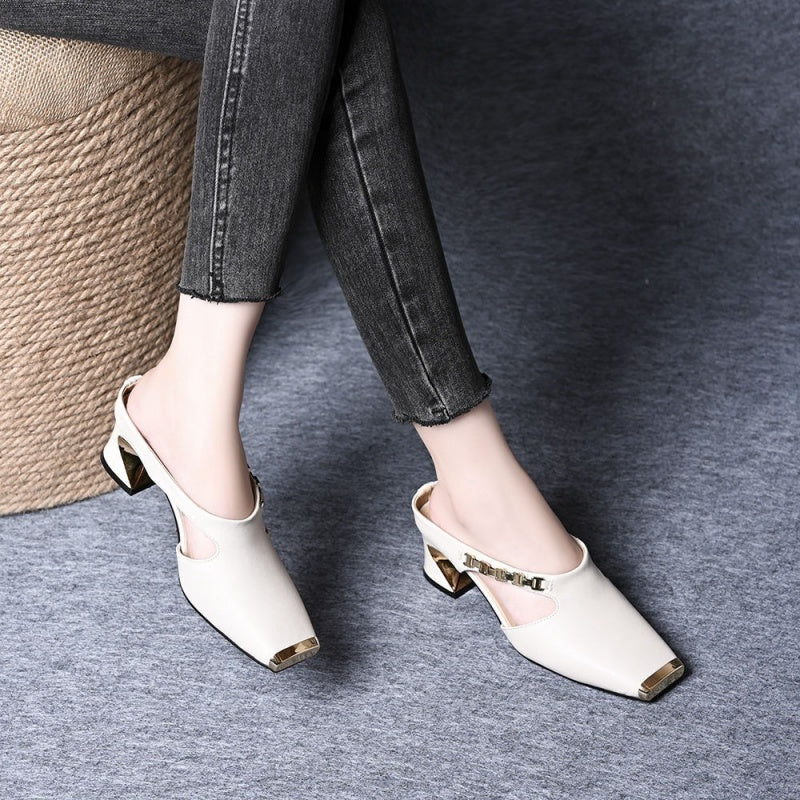 🏖️Summer Specials🌴Women's Casual Metal Square Toe Mid Block Heel Mules