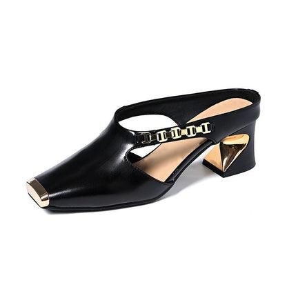 🏖️Summer Specials🌴Women's Casual Metal Square Toe Mid Block Heel Mules