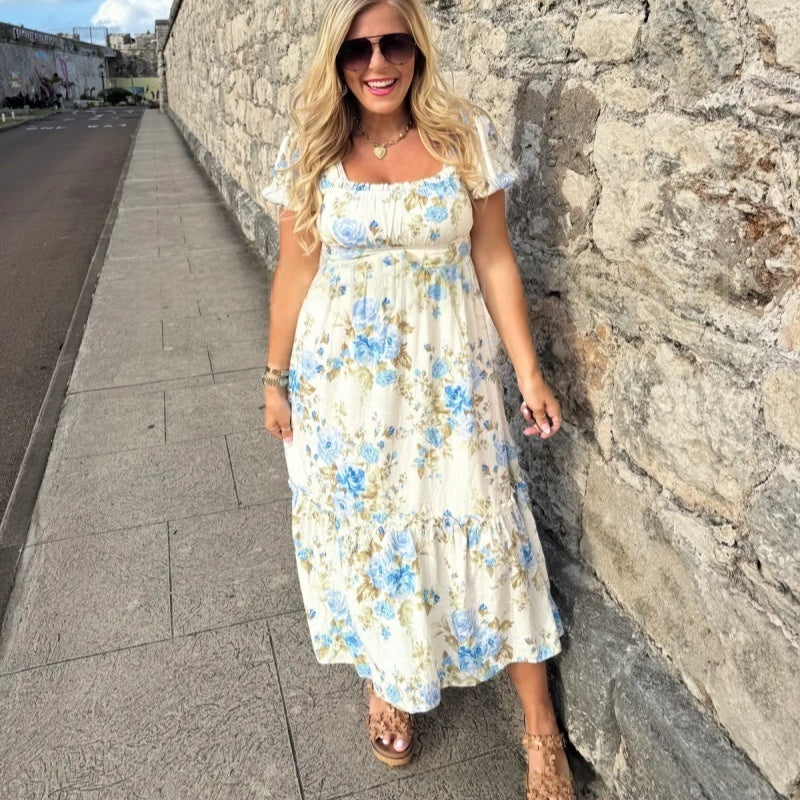 ⏳Time-limited Special⏰Women's Printed Square Neck Pleated Short Sleeve Dress
