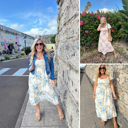 ⏳Time-limited Special⏰Women's Printed Square Neck Pleated Short Sleeve Dress