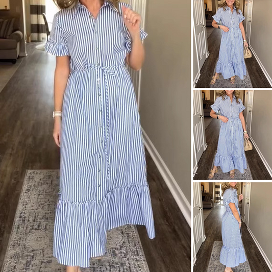 ⏳Time-limited Special⏰Blue & White Striped Ruffled Tie Dress