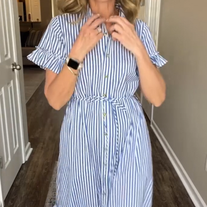 ⏳Time-limited Special⏰Blue & White Striped Ruffled Tie Dress