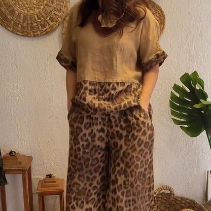 ⏳Time-limited Special⏰Stylish Patchwork Short Sleeve Top & Wide Leg Pants(2 Piece Set)👯