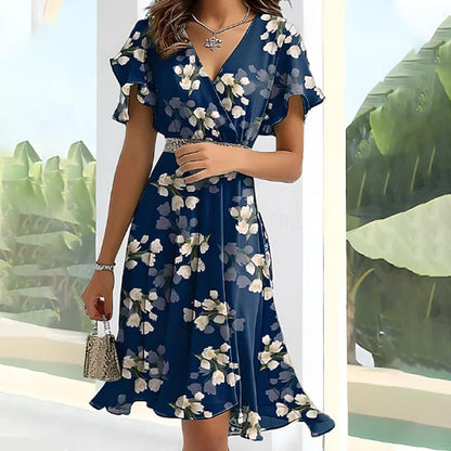 ⏳Time-limited Special⏰Women's Summer Floral Ruffled V-Neck Cinched Waist Midi Dress