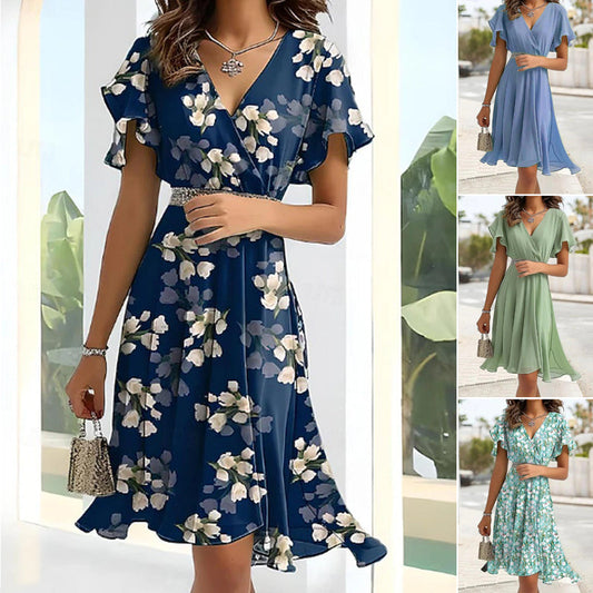 ⏳Time-limited Special⏰Women's Summer Floral Ruffled V-Neck Cinched Waist Midi Dress