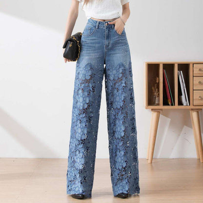 ⏳Time-limited Special⏰Women's High-Waisted Blue Denim Wide-Leg Pants (Hollow-out Lace Panels)